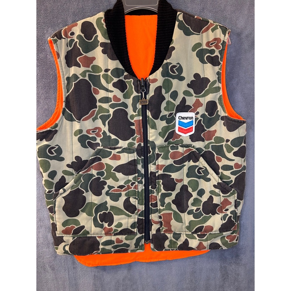 VTG 80s Walls Duck Camo Vest Reversible Hunting Mens M Orange Chevron Patch USA